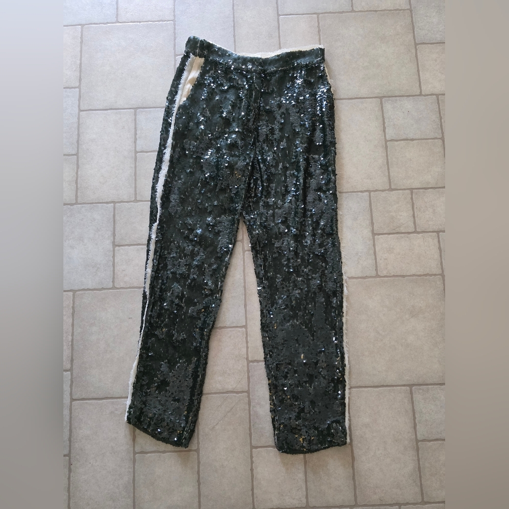 Zara Dark Green Sequined Pants With Cream Fray Accents